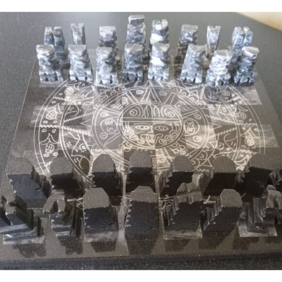 Handmade Polished Stone Chess Set – Aztec Mayan Calendar – 7.5 x 7.5 - Picture 4 of 6